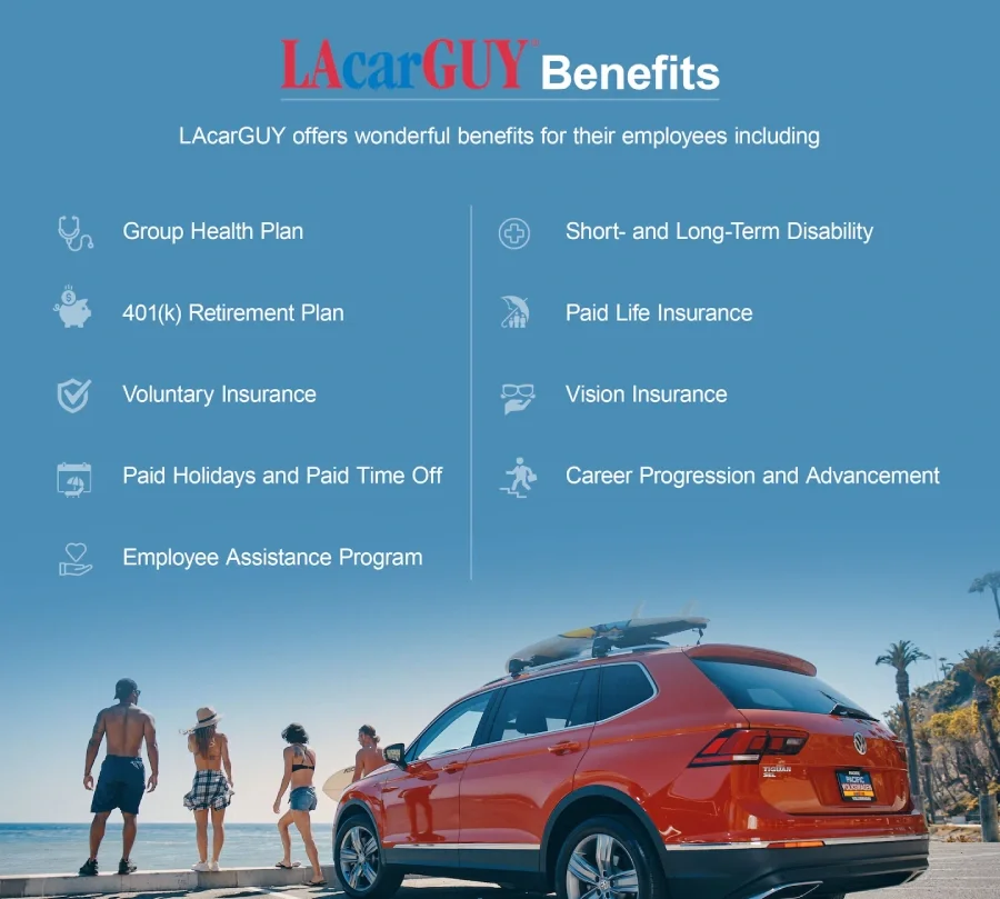 LAcarGUY employee benefits listed over a photo of people looking at the ocean next to an orange SUV.